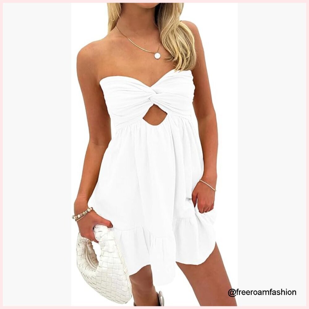 Strapless Mini Dress with Elastic Waist Twist Detail Flowy Summer